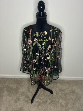 Adiva Black Sheer Tunic with Multicolor Floral Embroidery